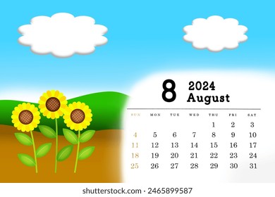 Calendar for August 2024 with sunflowers blooming against the blue sky - Powered by Shutterstock