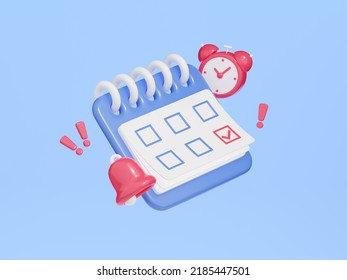 Calendar with clock and bell 3d render. Blue organizer with rings and week lined up floating near red watch and bell for business reminder and event planning or deadline concept. 3D Illustration - Powered by Shutterstock