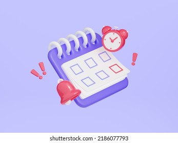 Calendar with clock and bell 3d render. Purple organizer with rings and week lined up floating near red watch and bell for business reminder and event planning or deadline concept. 3D Illustration - Powered by Shutterstock