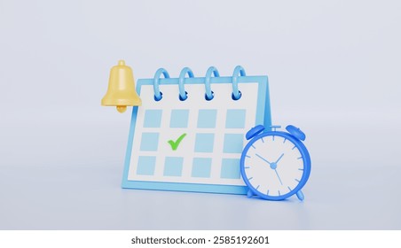 Calendar with clock and notification bell, workflow organization, work planning, project management, time management