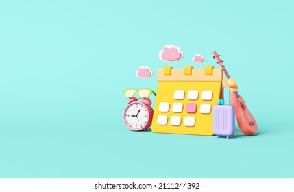 calendar clock time management table schedule activity free-time relax holiday travel summer tourist holiday with suitcase camera hat sunglasses and guitar pastel. clipping path. 3D Illustration.