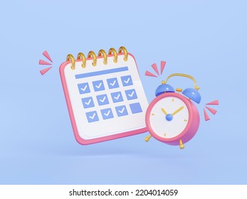 Calendar with date schedule and alarm clock. Concept of work agenda, plan, time management, deadline with organizer checklist and clock, 3d render illustration. 3D Illustration