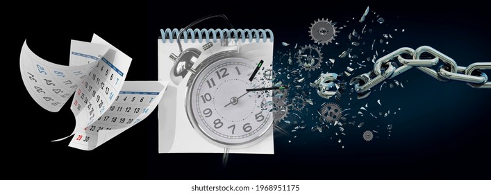 Calendar Flying, Pages,, Time Clock Breaking   Gears  - 3d Rendering