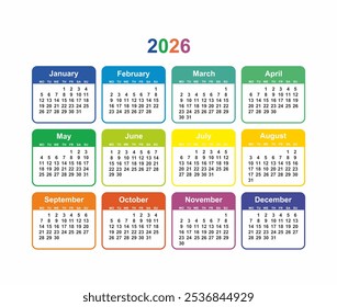 Calendar grid 2026 colorful Simple layout of pocket or wall calendar - Powered by Shutterstock