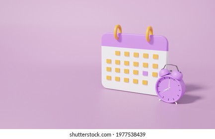 Calendar icon symbol and alarm clock minimal cartoon style design. Day month year time concept. on purple background. website banner. 3d rendering - Powered by Shutterstock