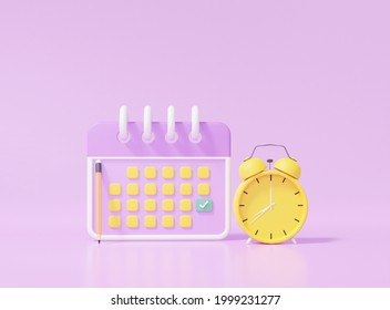 Calendar icon symbol and alarm clock yellow minimal cartoon style design. Day month year time marked pencil concept. on purple background. website banner. 3d rendering
