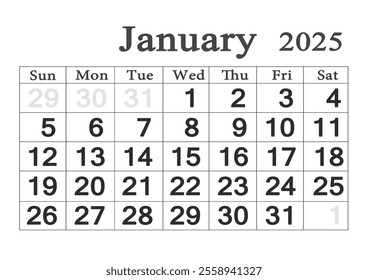 calendar for January 2025 in English. Monthly Organizer. 2025 Monthly Planner. Printable January 2025 Calendar. Minimalistic month calendar. Planner calendar for January 2025. Sunday start - Powered by Shutterstock