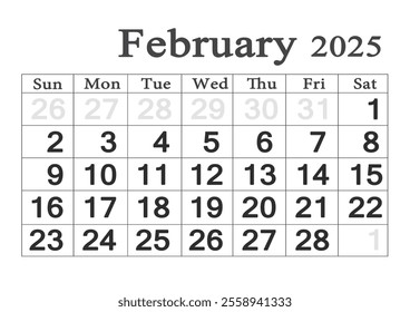 calendar for January 2025 in English. Monthly Organizer. 2025 Monthly Planner. Printable January 2025 Calendar. Minimalistic month calendar. Planner calendar for January 2025. Sunday start - Powered by Shutterstock