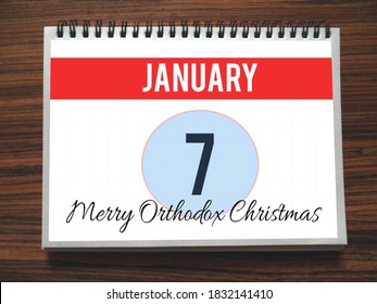Calendar, January 7th, Merry Orthodox Christmas, on wooden background, illustration