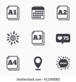 Calendar, Like Counter And Go To Web Icons. Paper Size Standard Icons. Document Symbols. A1, A2, A3 And A4 Page Signs. Location Pointer.