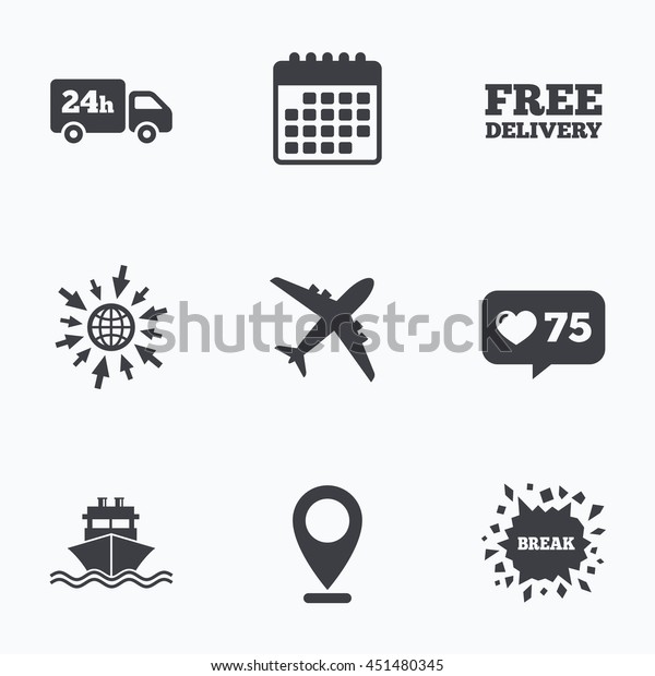 Calendar, like counter and go to web\
icons. Cargo truck and shipping icons. Shipping and free delivery\
signs. Transport symbols. 24h service. Location\
pointer.