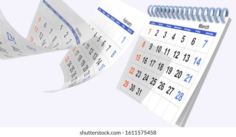 calendar  march 2020 flying  pages isolated - 3d rendering
