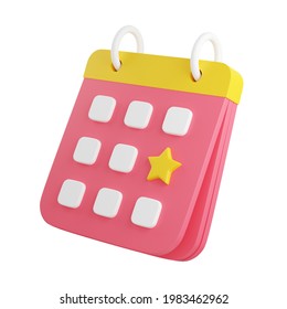 Calendar with marked date 3d render illustration. Pink floating organizer with rings, yellow bound and noted with star day for event or holiday planning concept isolated on white background.