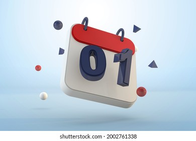 Calendar number 1 isolated template 3d render. first day in floating calendar app