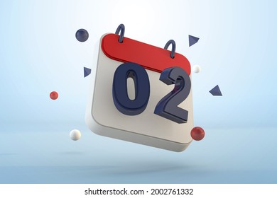 Calendar number 2 isolated template 3d render. Second day in floating calendar app