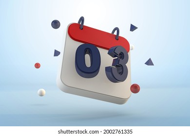 Calendar number 3 isolated template 3d render. Third day in calendar application floating