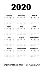 Calendar On 2020 Year. Week Starts Sunday. Stationery Calender Template In Minimal Design. Yearly Organizer. Business Illustration.