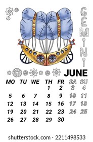 Calendar Page For June 2023, Decorated With A Watercolor Zodiac Sign Gemini In The Form Of A Blimp And Gears In Steampunk Style