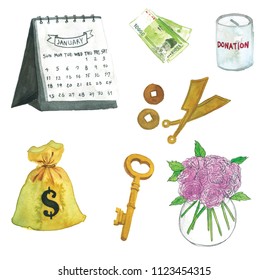 Calendar And Paper Money, Coin Bank, Brass Coins, Key, Flower Vase Hand Drawn In Watercolor On White Background.