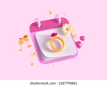 Calendar with ring and flowers. Just married. Wedding invitation. Creative design icon isolated on pink background. 3D Rendering - Powered by Shutterstock