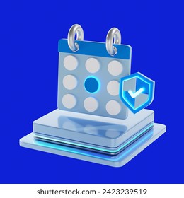 Calendar and security check mark 3d icon with clipping path on blue background.