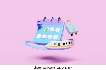 Calendar With Suitcase, Sky Train Transport Toy 3d, Checkmark Icons, Marked Date, Notification Bell Isolated On Pink. Schedule Appointment, Summer Travel Train, Itinerary, 3d Render Illustration