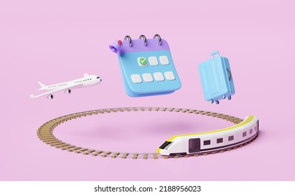 Calendar With Suitcase, Sky Train Transport Toy 3d, Plane, Checkmark Icon, Marked Date, Notification Bell Isolated On Pink. Schedule Appointment, Summer Travel Train, Itinerary, 3d Render Illustration