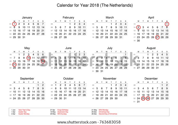 Calendar Year 2018 Public Holidays Bank Stock Illustration 763683058 - 