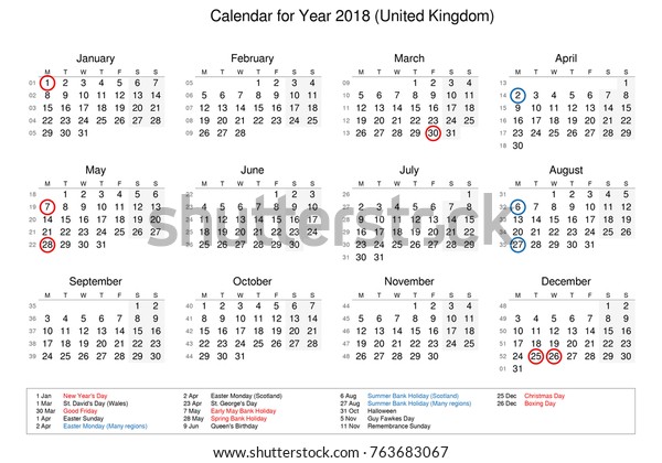 Calendar Year 2018 Public Holidays Bank Stock Illustration 763683067