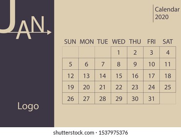 Calendar Year 2020, January Month.