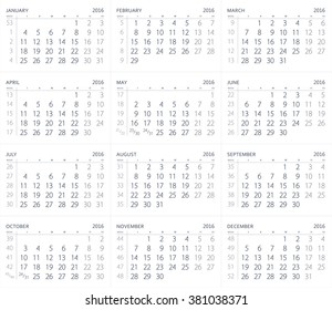 Calendar Year Two Thousand Sixteen Months Stock Illustration 381038371