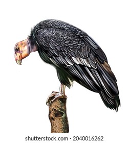 The California Condor (Gymnogyps Californianus), Realistic Drawing, Illustration For The Encyclopedia Of Animals And Birds Of North America, Isolated Image On A White Background