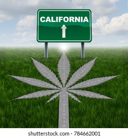 California Marijuana Concept And Californian Pot Law Symbol As A Road Shaped As A Cannabis Leaf As A Legalization Of Weed As A Drug With 3D Illustration Elements.