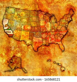california on old vintage map of usa with state borders