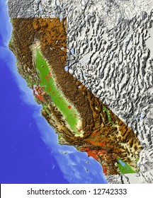 California. Shaded relief map.  Shows major urban areas and rivers, surrounding territory greyed out. Colored according to relative terrain height. Clipping path for the state area included.