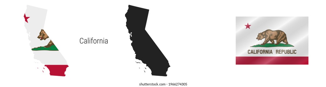 California US State Map With Masked Flag. Detailed Silhouette. Waving Flag. Illustration Isolated On White.