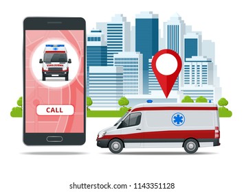 Call Ambulance Car Via Mobile Phone, Emergency Call. Ambulance Car, Hands Dialing Number Ambulance Service Operator, Hospital Building. SOS Mobile Concept For Web Banner, Web Site, Infographics.