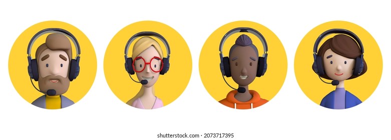 Call center agents avatars collection set. Call center, customer support, telemarketing agents. 3D render style icons set.