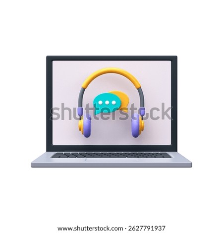 Call center with chat bubble. 3D headphones with chat on laptop screen, support service icon. 3D Illustration