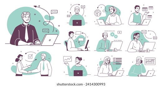 Call center, hotline flat illustrations flat cartoon set. Smiling office workers with headsets characters. Customer support department staff, telemarketing agents, teamwork cooperation - Powered by Shutterstock