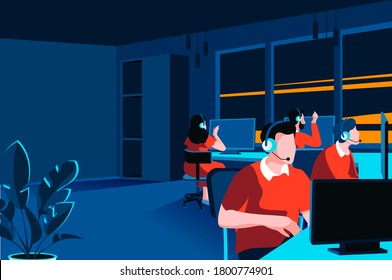Call center isometric landing page. Hotline operators with headsets in office website template. Online customer support, telemarketing, consultation and assistance perspective flat illustration.