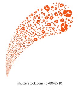 Call Center Operator random source stream. Glyph illustration style is flat orange iconic symbols on a white background. Object fountain created from symbols.