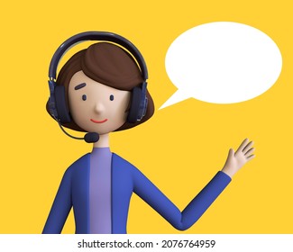 Call center staff talking and provide services to customers via headphones and microphone cable and Bubble. Call center, customer support, telemarketing agents. Trendy 3d illustration.