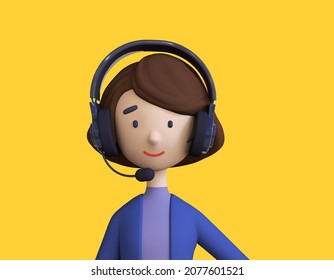 Call center staff talking and provide services to customers via headphones and microphone cable. Call center, customer support, telemarketing agents. Trendy 3d illustration.
