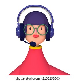 Call center staff talking and provide services to customers via headphones and microphone cable. Call center, customer support, telemarketing agents. Trendy 3d illustration.