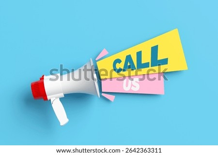 Call us connection support concept. White megaphone announces call us on blue background. Ideal for advertising and promotion, urging viewers to connect for support and information. 3d render.
