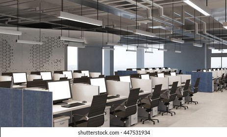 Callcenter Office With Many Computer Workplaces (3D Rendering)