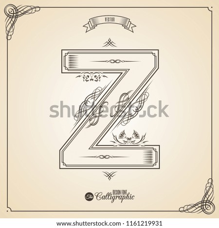 Calligraphic Fotn with Border, Frame Elements and Invitation Design Symbols. Collection of  glyph. Certificate Decor. Hand written retro feather Symbol. Letter Z