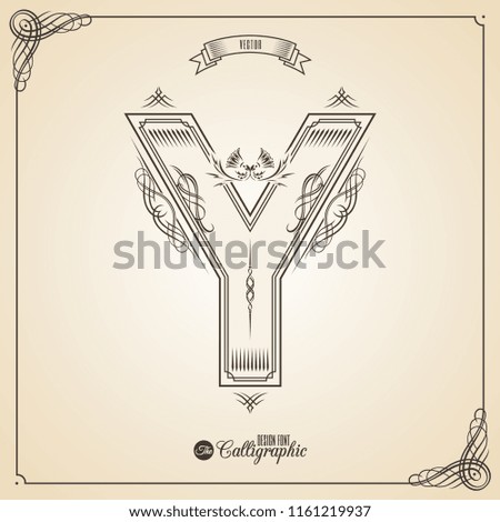 Calligraphic Fotn with Border, Frame Elements and Invitation Design Symbols. Collection of  glyph. Certificate Decor. Hand written retro feather Symbol. Letter Y