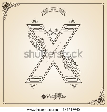 Calligraphic Fotn with Border, Frame Elements and Invitation Design Symbols. Collection of  glyph. Certificate Decor. Hand written retro feather Symbol. Letter X